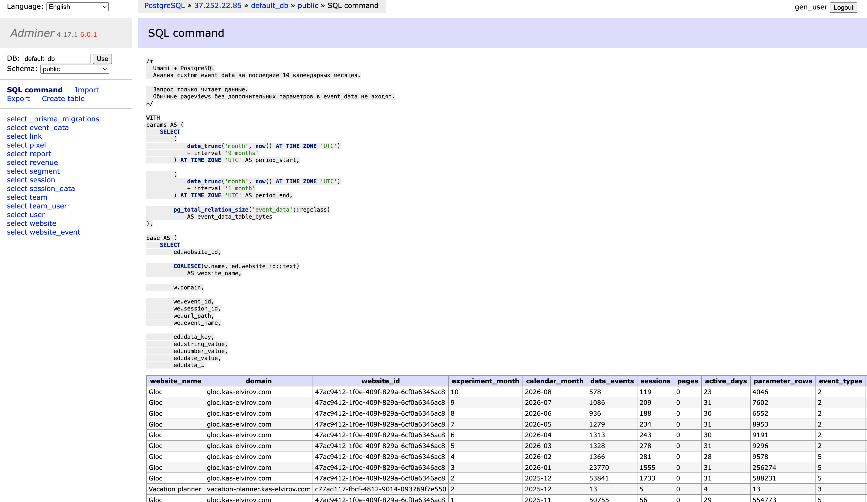 umami analytics platform adminer view with custom reports